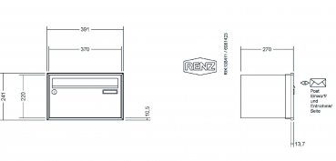 RENZ Briefkastenanlage Unterputz, Schattenfugenrahmen, Kastenformat 370x220x270mm, 1-teilig,